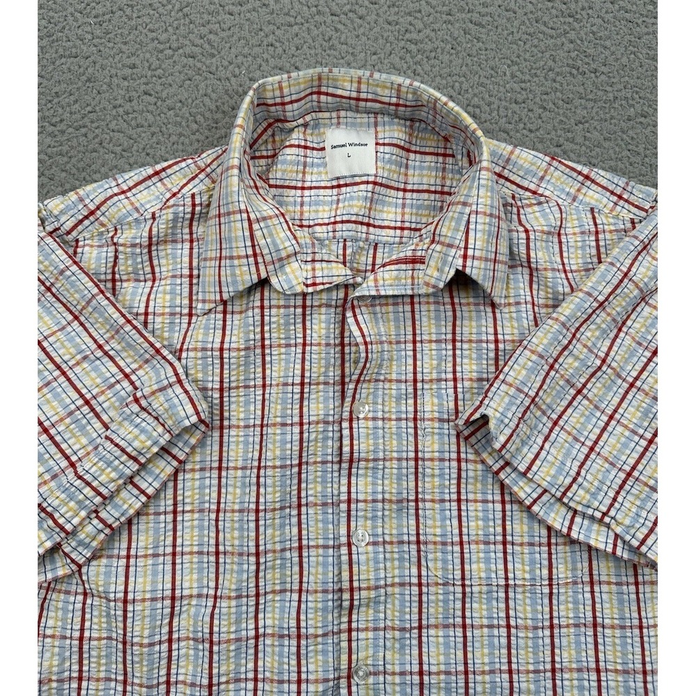 Samuel Windsor Shirt Mens Large Red Blue Yellow Plaid Seersucker Short Sleeve